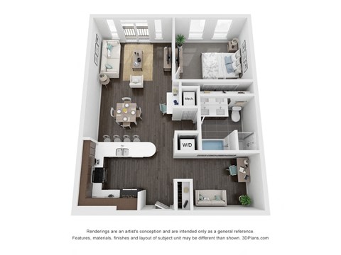 Floor plan for 1 bed, 1 bath, 885 sqft